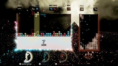 Screenshot van Tetris Effect Connected met de Connected-modus met drie spelers