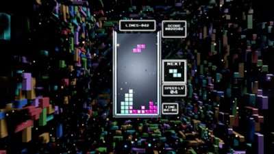 Tetris Effect Connected screenshot showing the game with a retro Tetris skin, played against a backdrop of 3D tetrominoes 