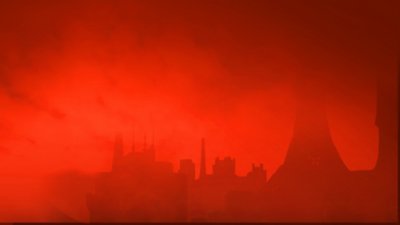 The Ascent background image - a city skyline under a red sky