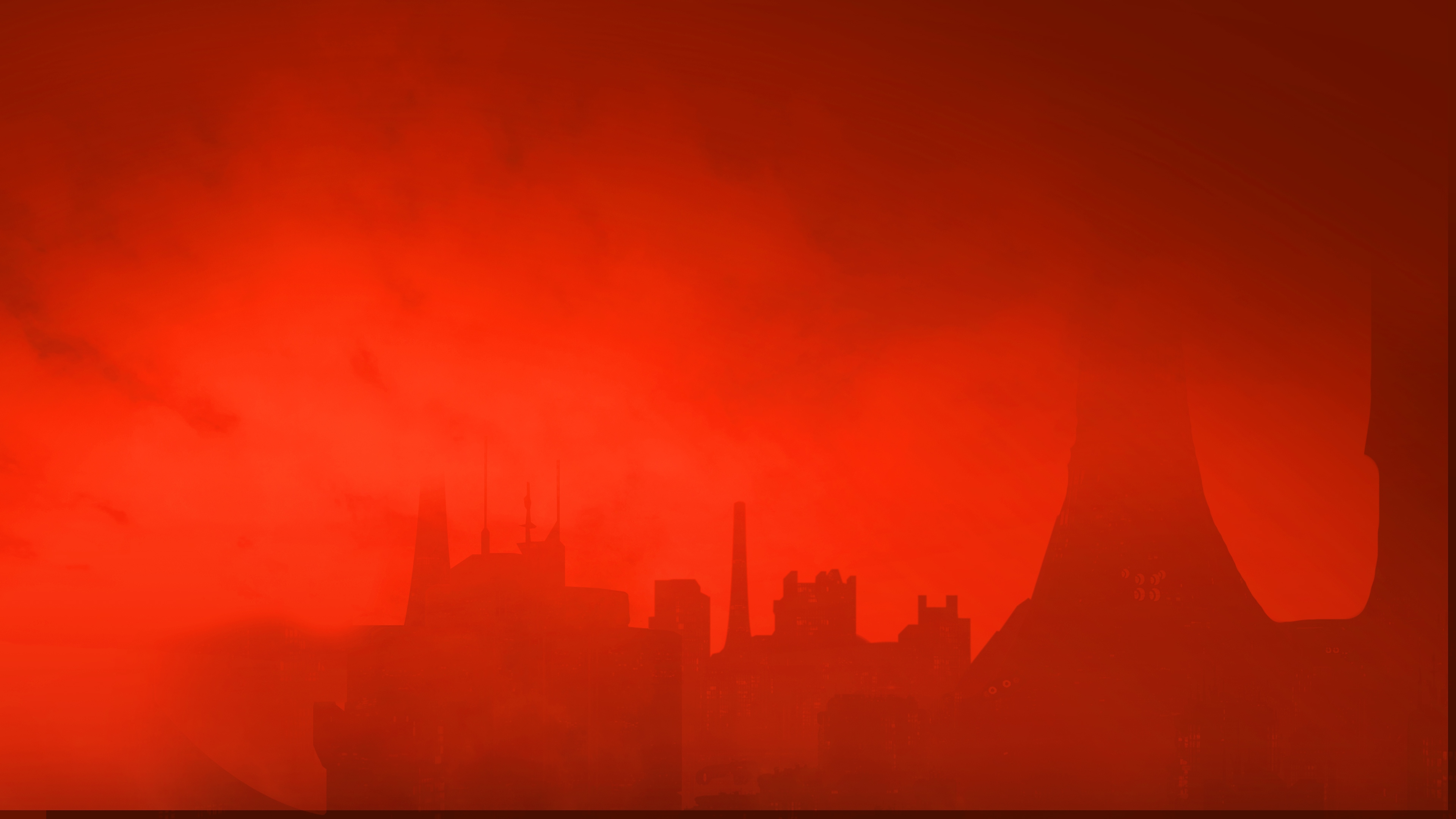 Bakgrunnsbilde fra The Ascent av en skyline under en rød himmel