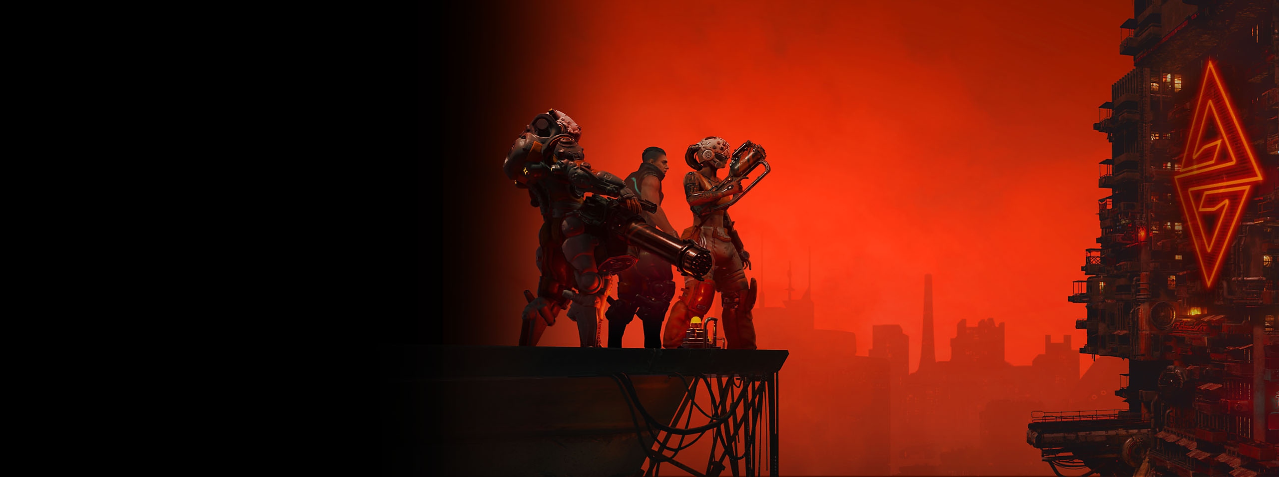 Heldengrafik von The Ascent, die drei Charaktere und eine Stadtsilhouette unter einem roten Himmel zeigt 