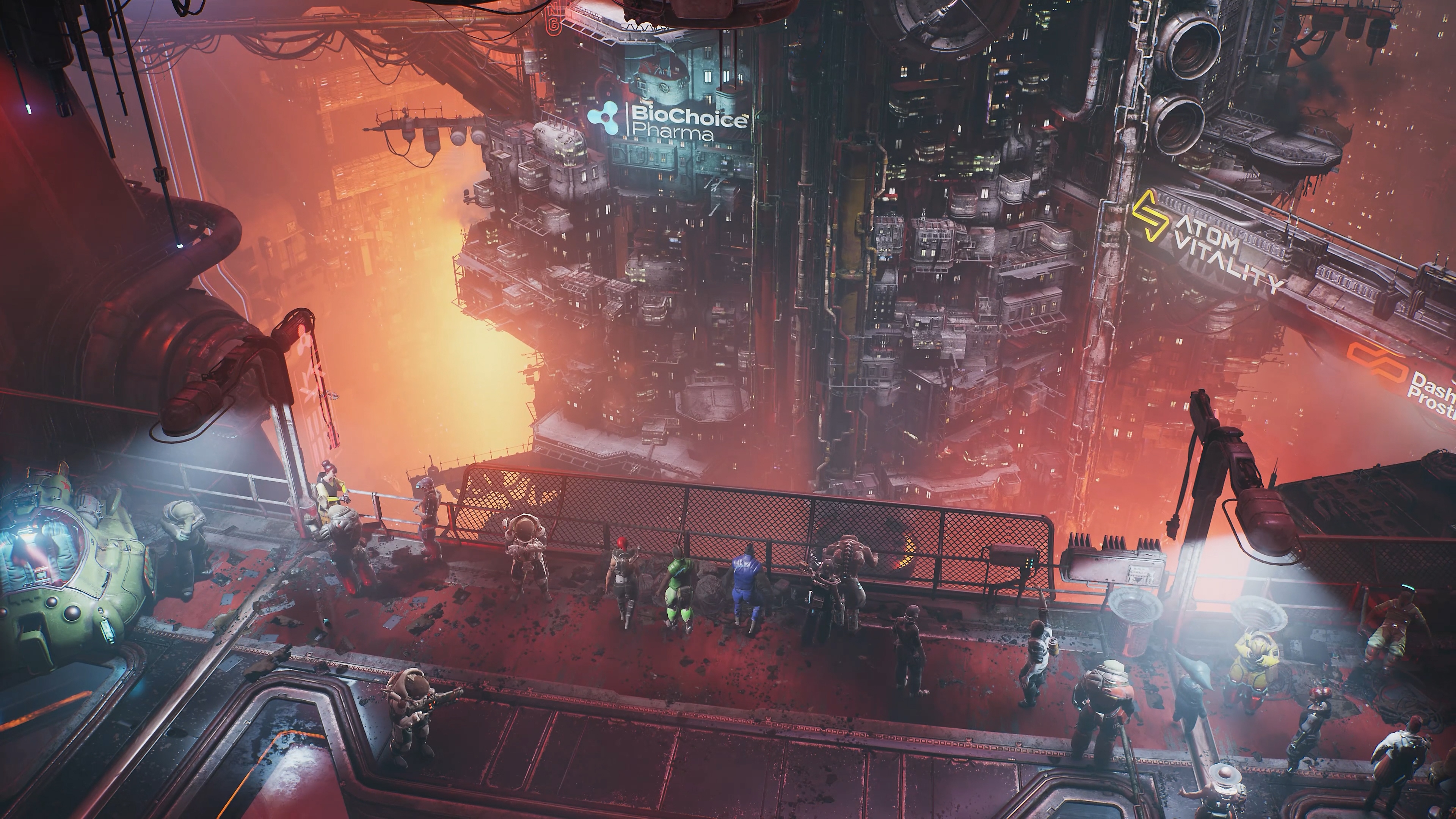 Captura de pantalla de The Ascent mostrando un escenario en una ciudad ciberpunk