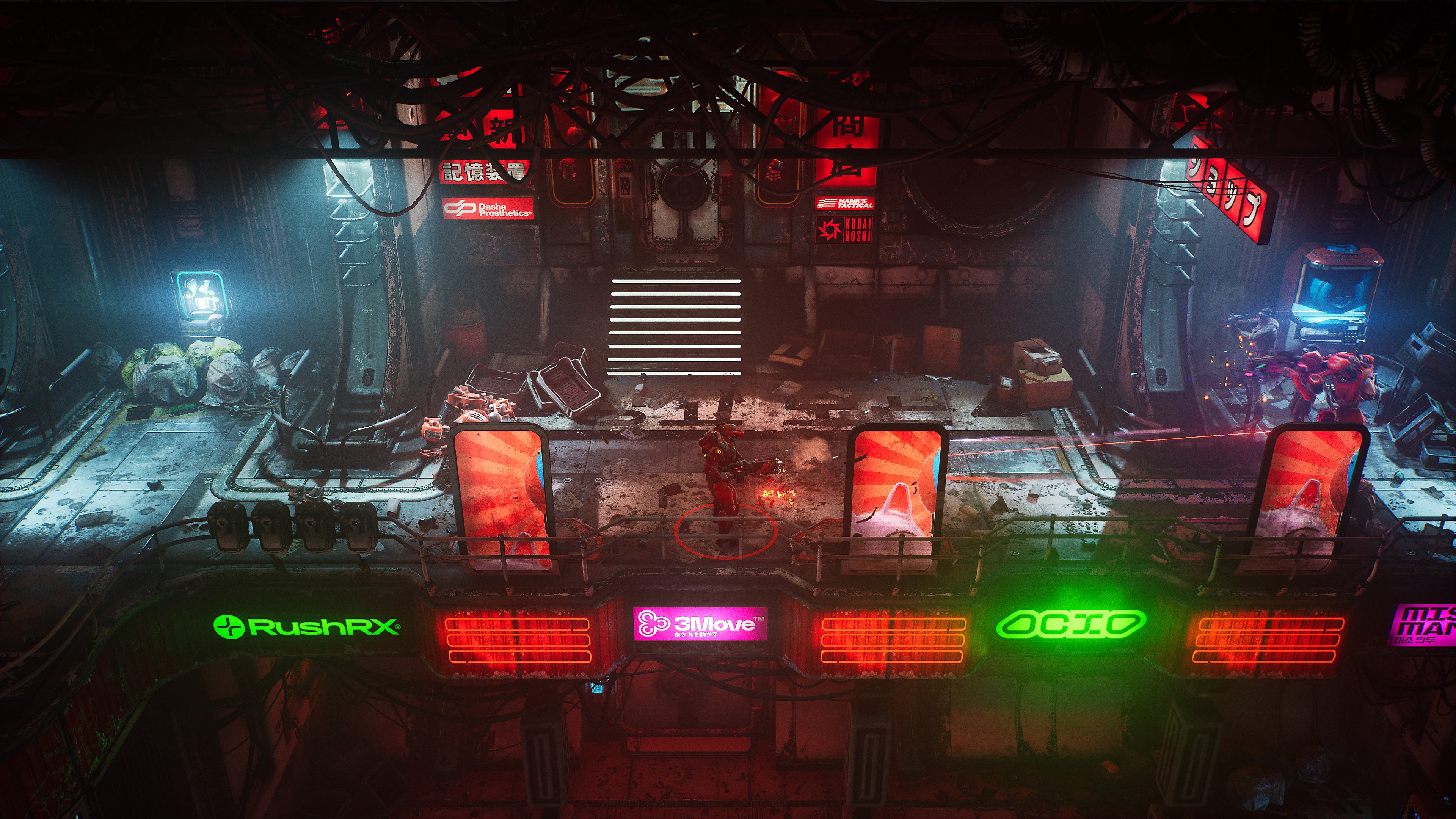 Captura de pantalla de The Ascent mostrando un escenario en una ciudad ciberpunk