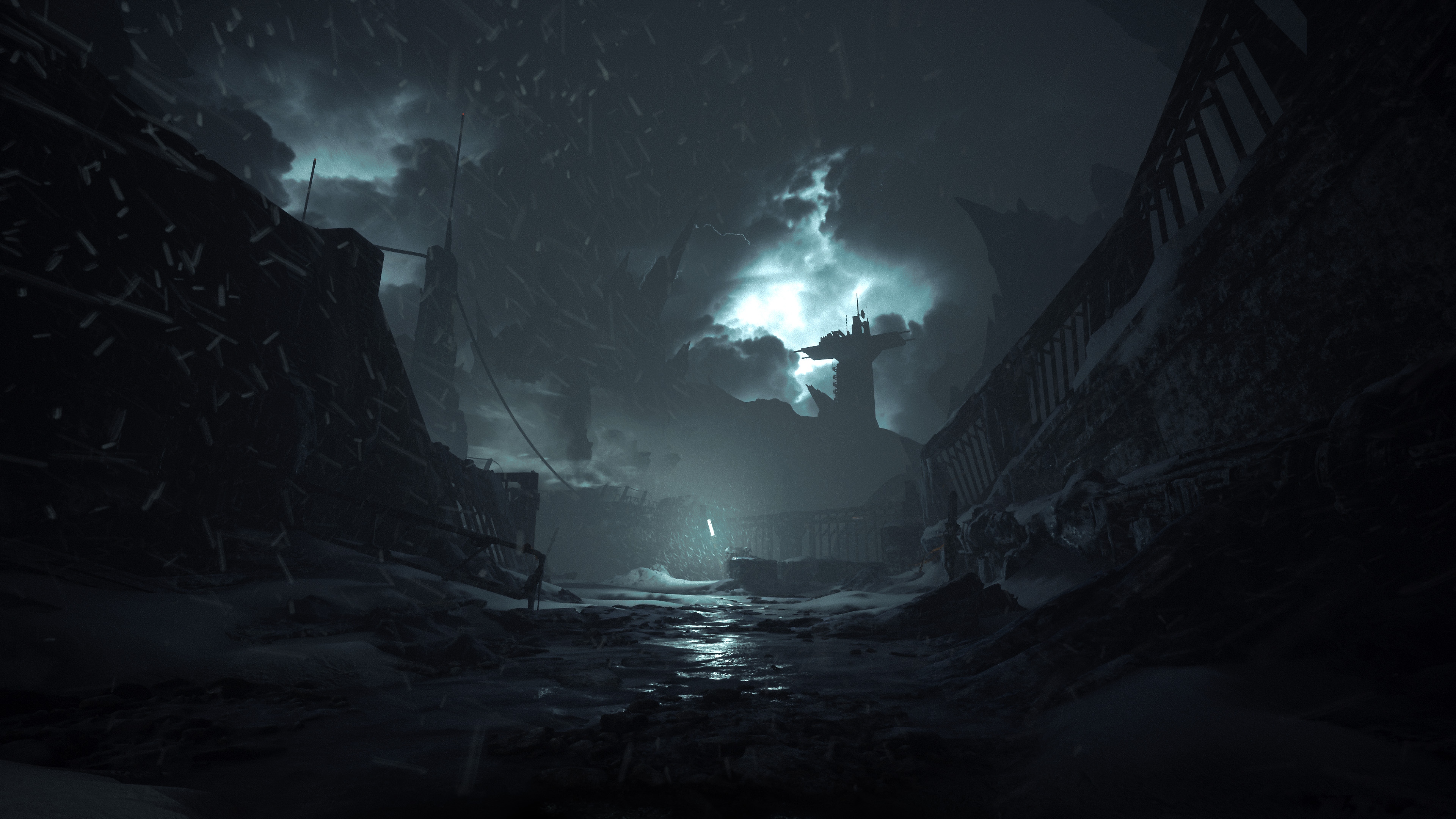Snímka obrazovky z hry The Callisto Protocol zobrazujúca pustú, temnú krajinu