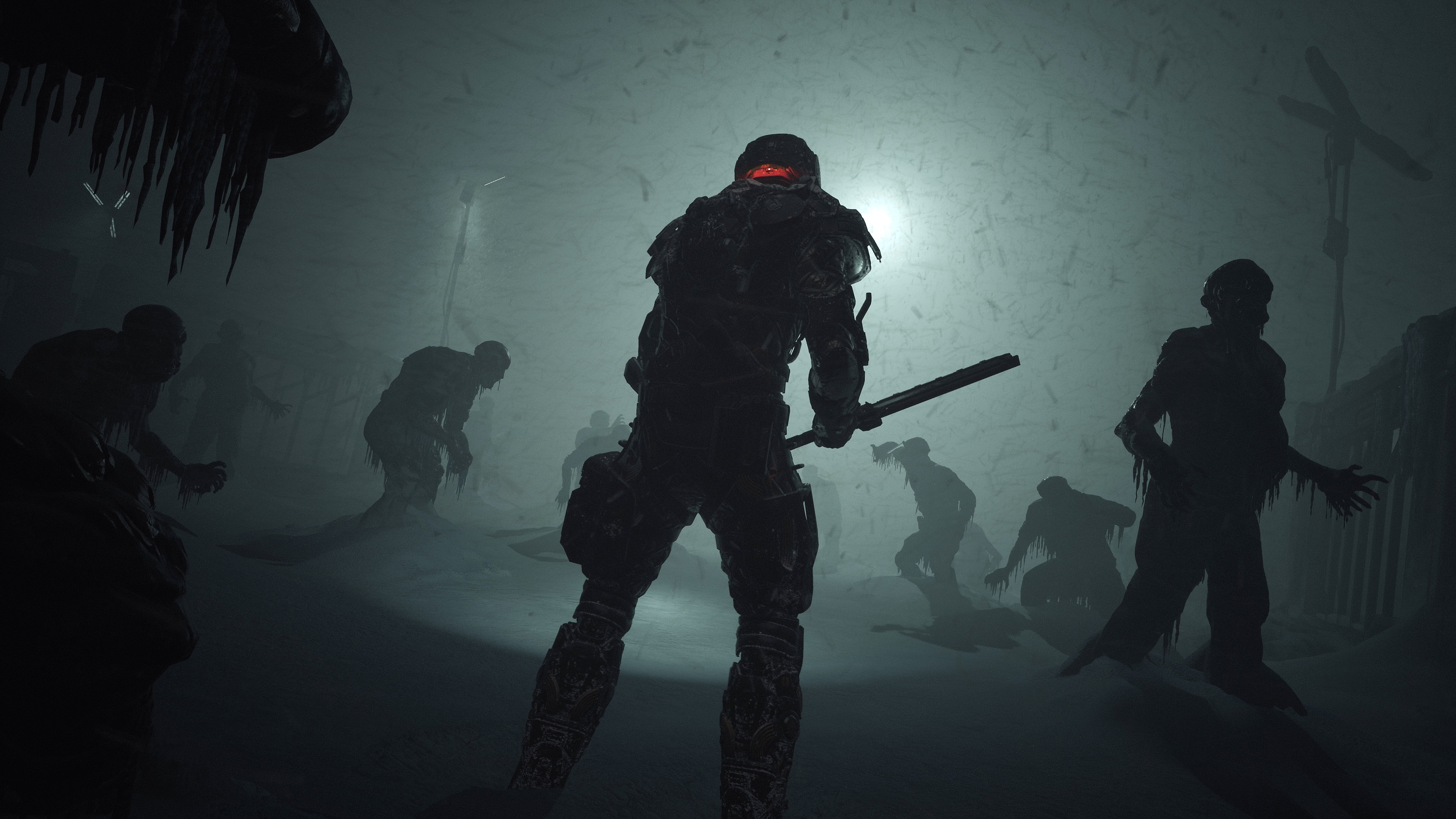 The Callisto Protocol screenshot showing a character wielding a baton-like weapon facing several frozen bodies