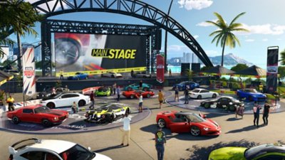 The Crew Motorfest – skjermbilde av biler parkert foran en scene