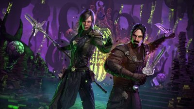 The Elder Scrolls Online – Infinite Archive – snímek obrazovky zobrazující dvě postavy, z nichž jedna má zbraň podobnou kopí a druhá drží dvě dýky