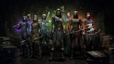 Captura de pantalla de The Elder Scrolls Online - Archivo Infinito que muestra un despliegue de diferentes clases de personajes con distintas armas y armaduras