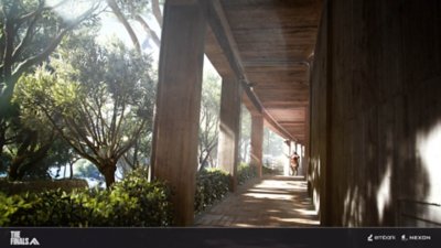 The Finals screenshot showing a lush forest adjoining a Japanese-inspired covered walkway