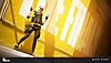 لقطة شاشة من لعبة The Finals تعرض منافسًا مجهزًا بالكامل يقف أمام جدار أصفر ساطع يعرض شعار اللعبة.
