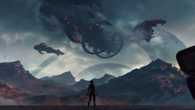 The First Descendant screenshot featuring a character beneath massive spaceships