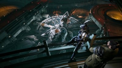 Captura de pantalla de The First Descendant con dos personajes mirando un gran traje robótico