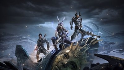 Imagen principal de The First Descendant que muestra a los personajes sobre un enemigo caído