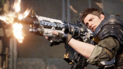 Captura de tela de The First Descendant mostrando de perto um personagem atirando com sua arma