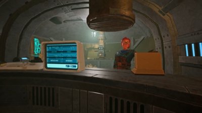 The Foglands screenshot showing a character standing behind a desk with computer screens on it
