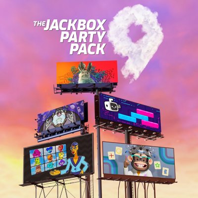 Grafik von The Jackbox Party Pack 9, die Spiele auf Werbetafeln zeigt