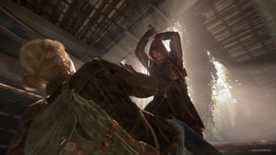 The Last of Us Part II Remastered - No Return screenshot showing a prone character being attacked by an axe-wielding enemy