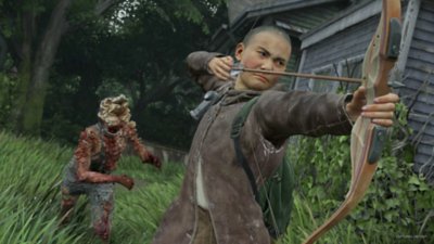 The Last of Us Part II Remastered - No Return screenshot showing a character drawing her bow while a Clicker approaches from behind