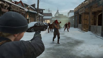 The Last of Us Part II Remastered - No Return screenshot showing Abby aiming her gun at a number of Clicker enemies.