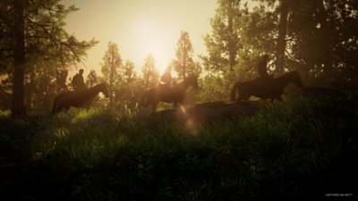 The Last of Us Part I game screenshot showing three people riding horses through a forest with a beautiful sunset in the background