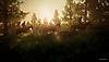 The Last of Us Part I game screenshot showing three people riding horses through a forest with a beautiful sunset in the background