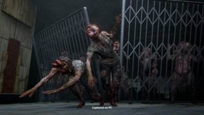 The Last of Us Part II Remastered for PC screenshot showing a number of Clickers bursting through a metal fence