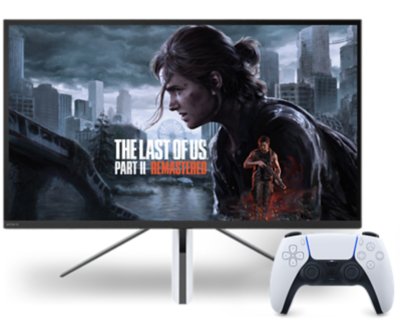 The Last of Us Part II Remastered key art with InZone Monitor and DualSense controller