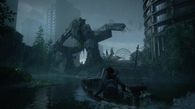 The Last of Us Part 2 screenshot depicting protagonist Ellie steering a boat through a flooded out Seattle.