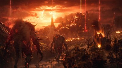 Lords of the Fallen screenshot showing monsters walking towards a volcanic landscape