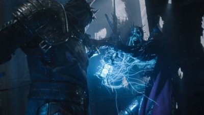 Lords of the Fallen screenshot showing a knight character fighting an undead monster with blue light