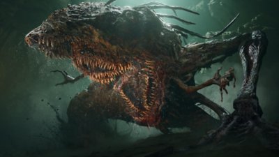 Lords of the Fallen - Capture d'écran montrant une créature répugnante qui dévoile ses crocs dans une vallée bleue