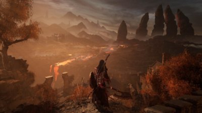 Lords of the Fallen スクリーンショット 遠くに指のような形の岩が並ぶ砂漠を見渡す主人公