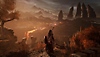《Lords of the Fallen》截屏，显示英雄正在眺望荒漠，远处有手指形岩石结构物。