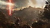 Lords of the Fallen - Capture d'écran montrant un combattant armé face à un paysage en ruine avec un rayon rouge au loin