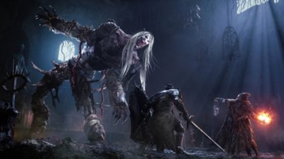 Capture d'écran de Lords of the Fallen – deux chevaliers affrontent un monstre colossal dans une pièce éclairée au clair de lune