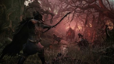 Captura de tela de Lords of the Fallen mostrando um arqueiro enfrentando um inimigo a distância na floresta