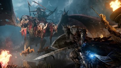 Captura de pantalla de Lords of the Fallen que muestra a un caballero en guardia contra una bestia de tres cabezas