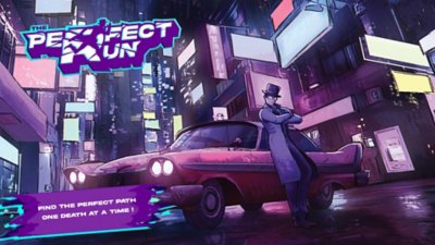 The Perfect Run key art showing a human character wearing a top hat leaning against the side of a car in the middle of a city