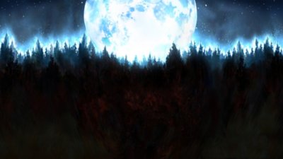 Image d'arrière-plan de The Quarry montrant une pleine lune illuminant une forêt