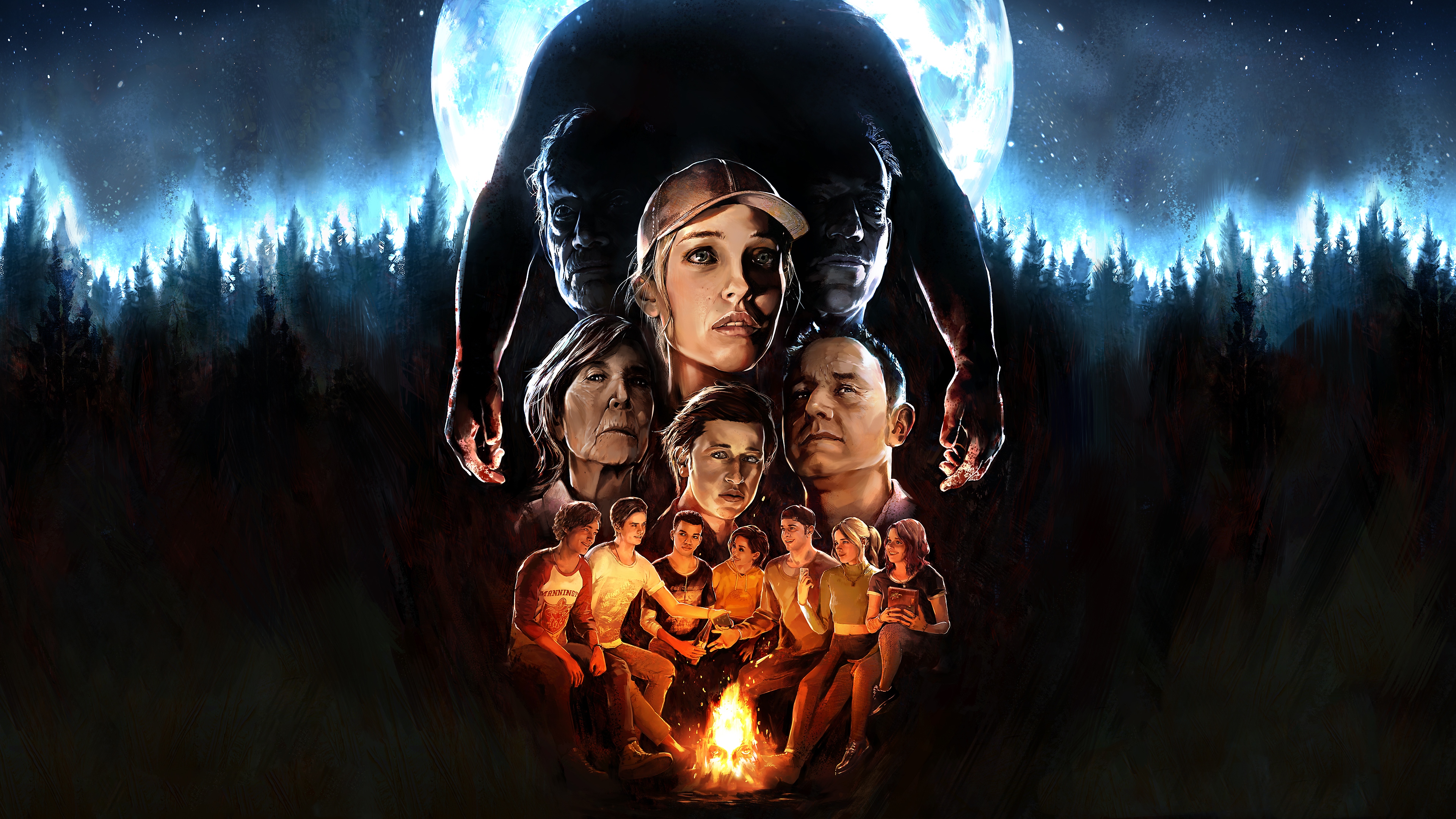 The Quarry key art featuring a hand painted rendition of the key cast against a dark woodland backdrop.