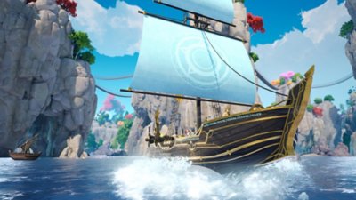 The Seven Deadly Sins: Origin screenshot showing a ship sailing through rocky cliffs at sea