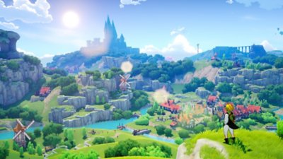 The Seven Deadly Sins: Origin screenshot showing a character looking out onto a green outcrop of land