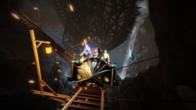 The Seven Deadly Sins: Origin screenshot showing characters riding a mine cart underground