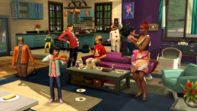 거실에서 상호 작용하는 캐릭터의 The Sims 4 스크린샷입니다.