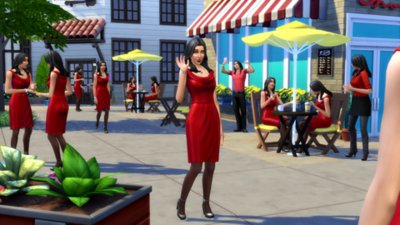 Create unique Sims screenshot of characters dressed in red clothing.