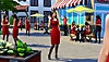 Create unique Sims screenshot of characters dressed in red clothing.