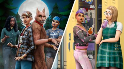 Erweitere dein Spielerlebnis – geteiltes Bild von Charakteren, die vor einem Vollmond und in einer Schule vor Schließfächern posieren.