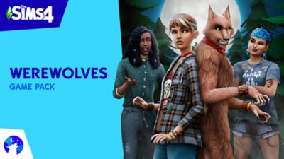 Arte principal del pack de contenido Los Sims 4 Licántropos que muestra los personajes Sims y un hombre lobo