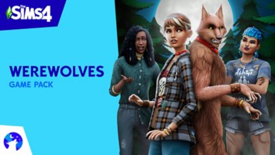 Herní balíček The Sims 4 Vlkodlaci – klíčová grafika s postavami Simíků a vlkodlakem