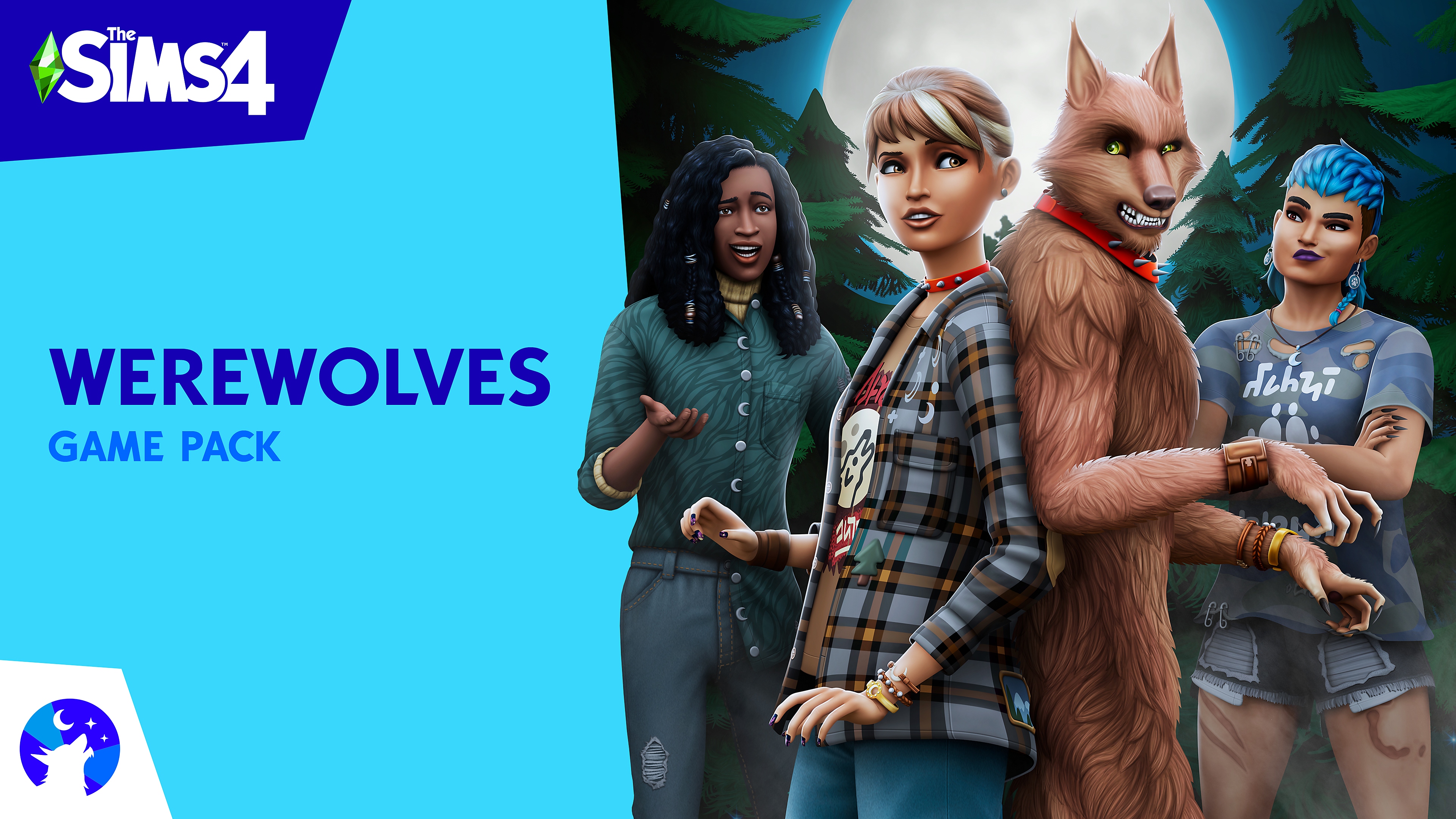 Pack de jeu Les Sims 4 Loups-garous - Illustration principale montrant des personnages et un loup-garou